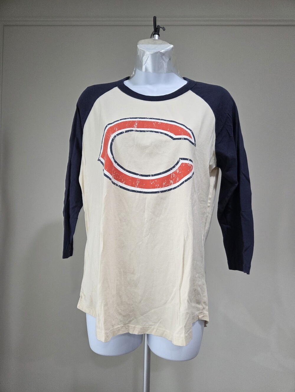 Majestic Cream and Navy Raglan 3/4 Sleeve Tee with Red #34 Payton